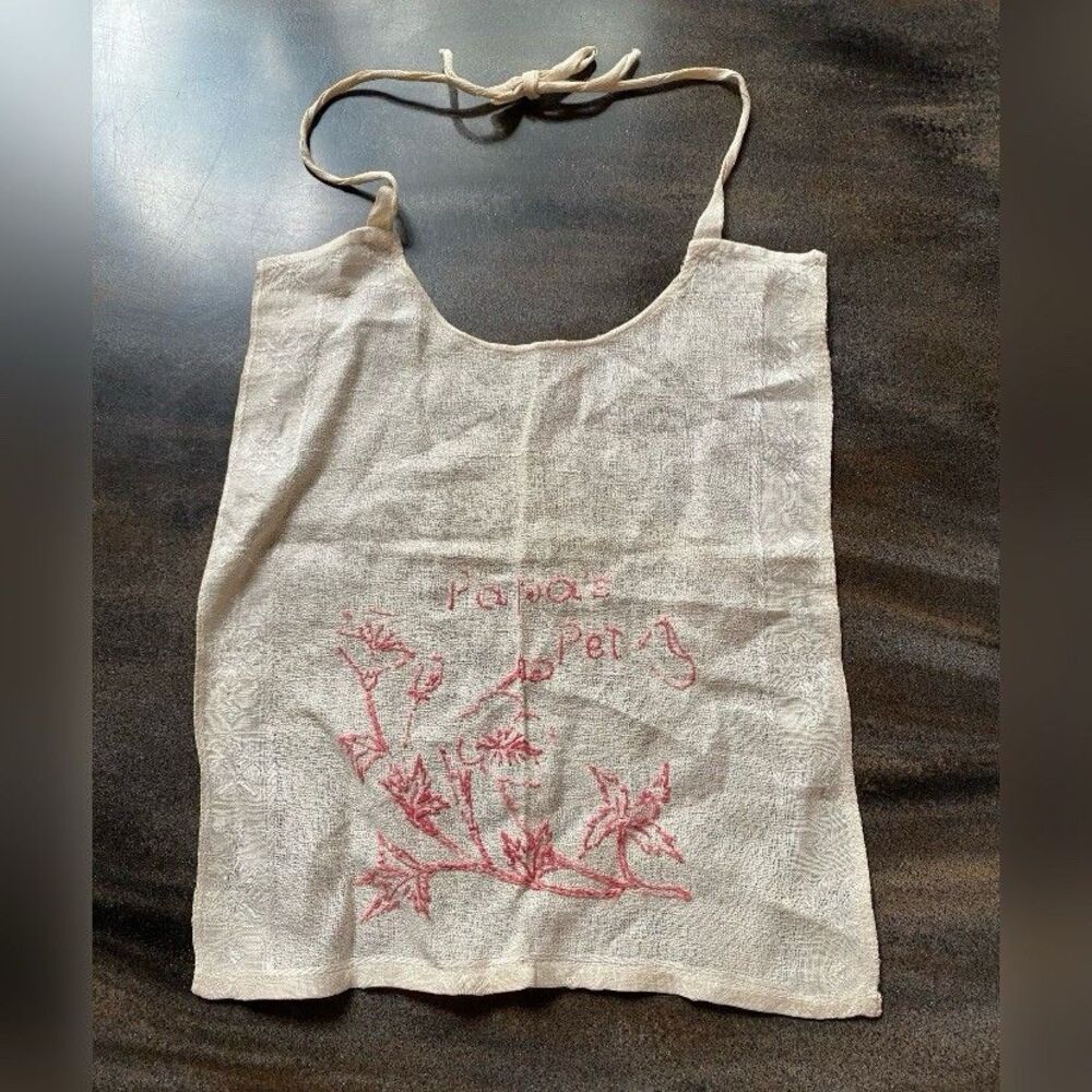 Antique Vintage Baby Girl Bib Cream Silk Linen Pink Embroidered Papa’s Pet